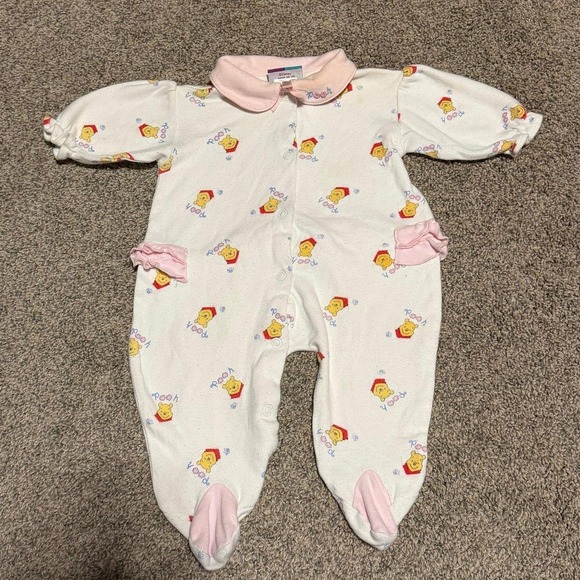Disney Other - Vintage Disney Winnie The Pooh Baby Sleeper Pink White 0-3 Months Footed